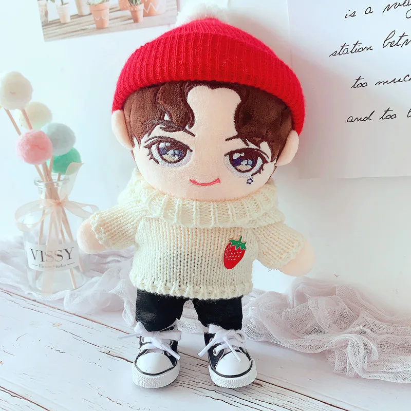 

20cm Cute Stuffed Cotton Doll Clothes Cartoon Strawberry Brooch Red Hat Pants Plush Idol Doll Clothes Accessories Toys