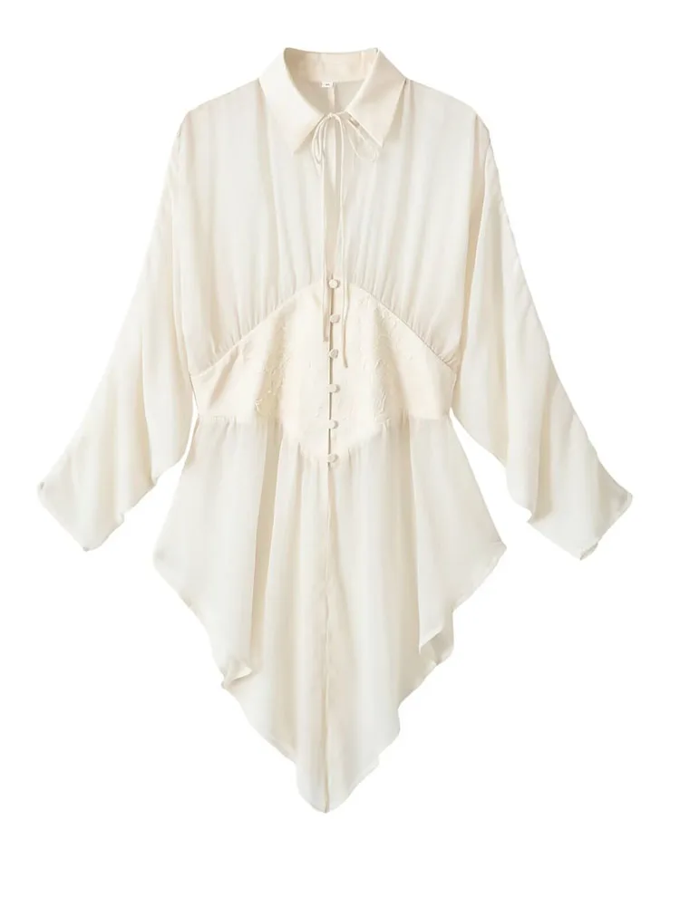 HH Vacation Casual Ivory Chiffon Longline Shirt Women Spring Summer Lapel Tie Neck Waist Cinched Asymmetric Hem Beach Chic Top