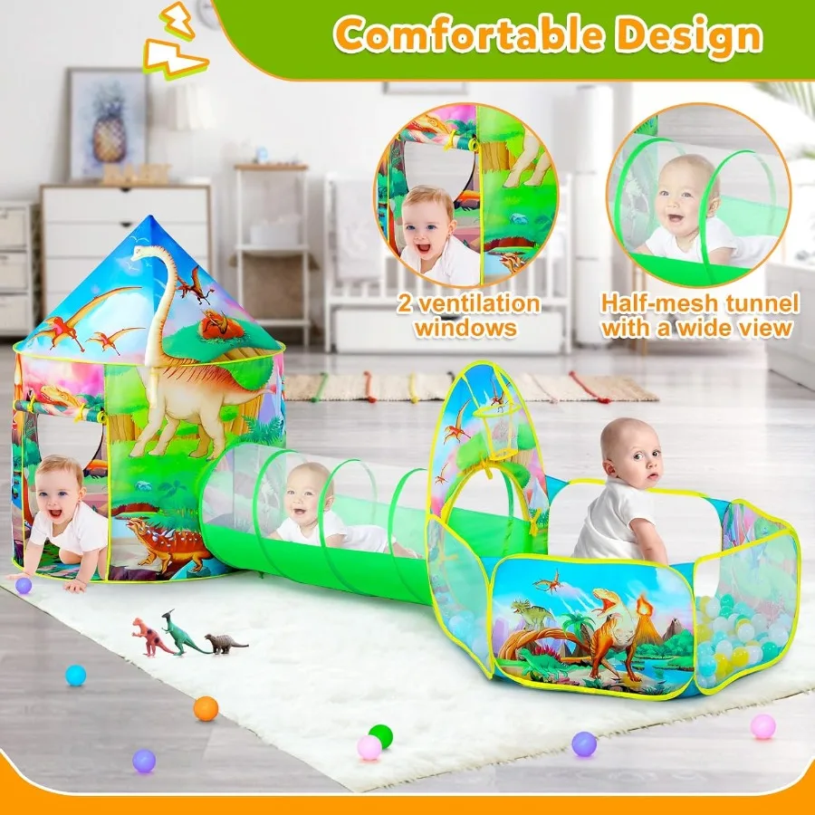 3-teiliges Dinosaurier-Spielzelt für Jungen mit Bällebad, Krabbeltunnel, Spielzelte für Kleinkinder, Baby, Weltraum, Spielhaus, Spielzeug für Jungen, Indoora