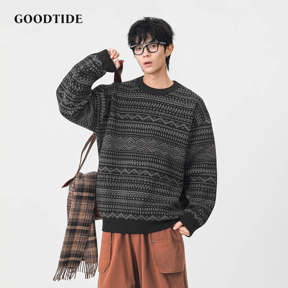 Fashion Men's Casual Crew Neck Sweater 2025 Winter New Ethnic Pattern Knitted Pullover Comfortable Soft Long Sleeve Jumper Top