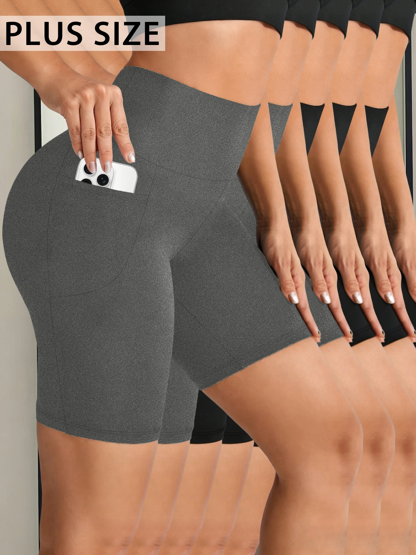 

5 pack Plus Size Women Biker Shorts with Pockets High Waisted Super Soft No See Through Tummy Control Running Yoga