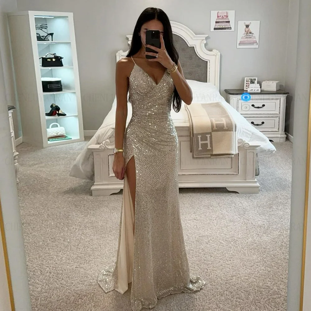 

Glitter Sequin Formal Occasion Dresses 2024 V-Neck Split Sexy Party Dress Sweep Train Long Evening Gowns فساتين مناسبة رسمية