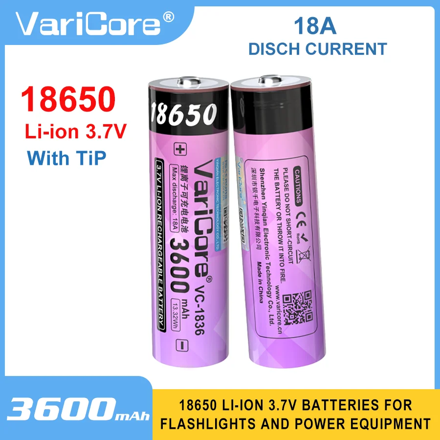 VariCore VC-1836 18650 With TiP 3.7V 3600mAh Large Capacity Rechargeable Lithium Battery for Flashlight and Power Equipment/etc
