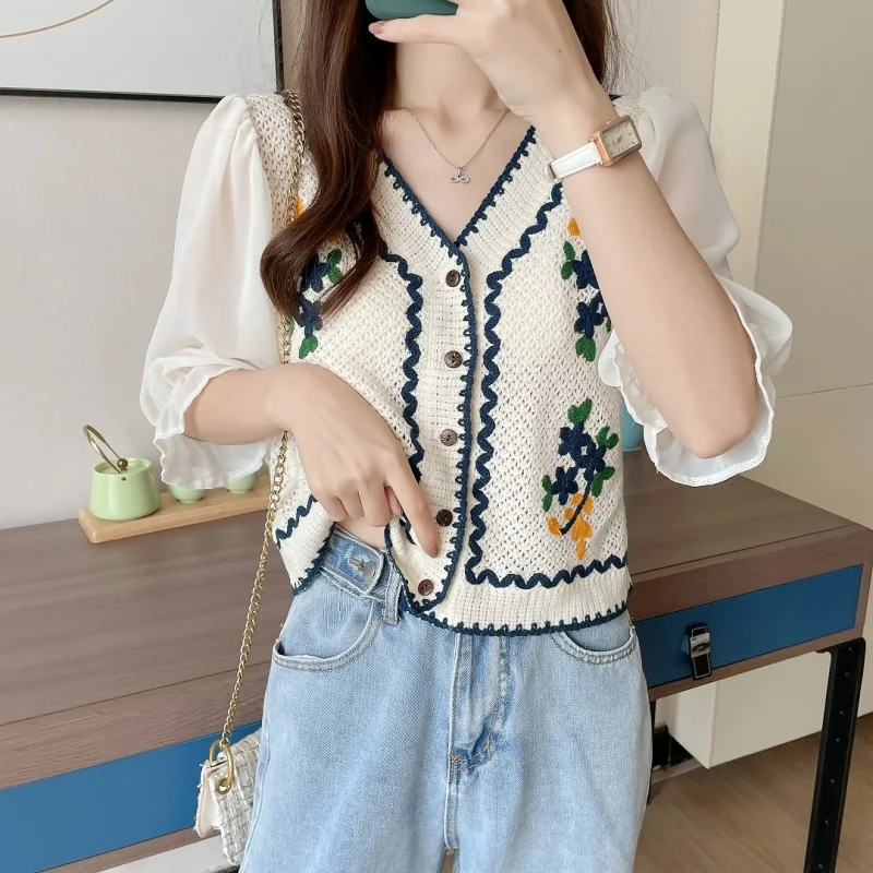 Women Summer Fashion Embroidered Cardigan Casual All-match Short Sleeve Knitwear Women Clothes Trend Ice Shreds Appear Thin Tops