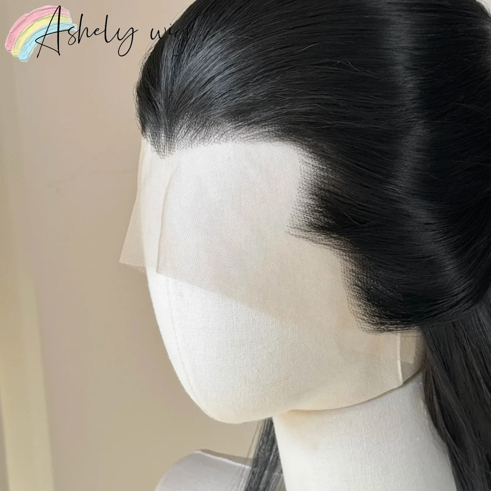Peluca de encaje frontal negra Ashley con pico de viuda, 26 pulgadas, 13*4, sintética, lacia, resistente al calor, para cosplay 3