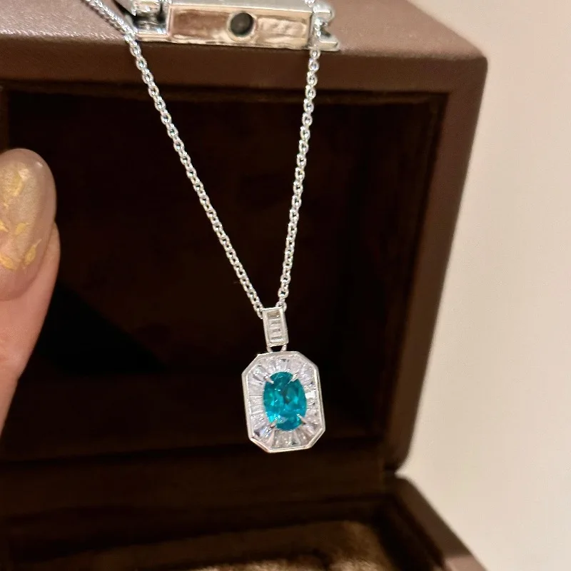 silver 925 surround trapezoidal Paraiba gemstone necklace luxury high-end exquisite blue-green collar chain wedding jewelry