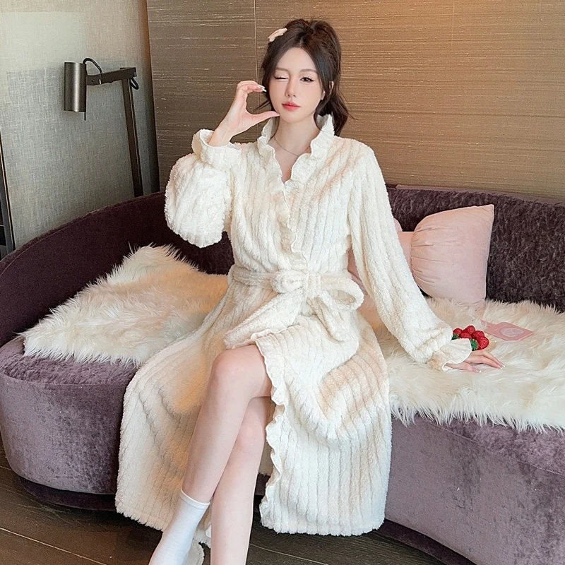 جديد الشتاء طويلة الأكمام سميكة الدافئة الفانيلا كيمونو الجلباب للنساء المرجان المخملية البشكير ملابس خاصة ملابس المنزل فستان النوم فستان سهرة