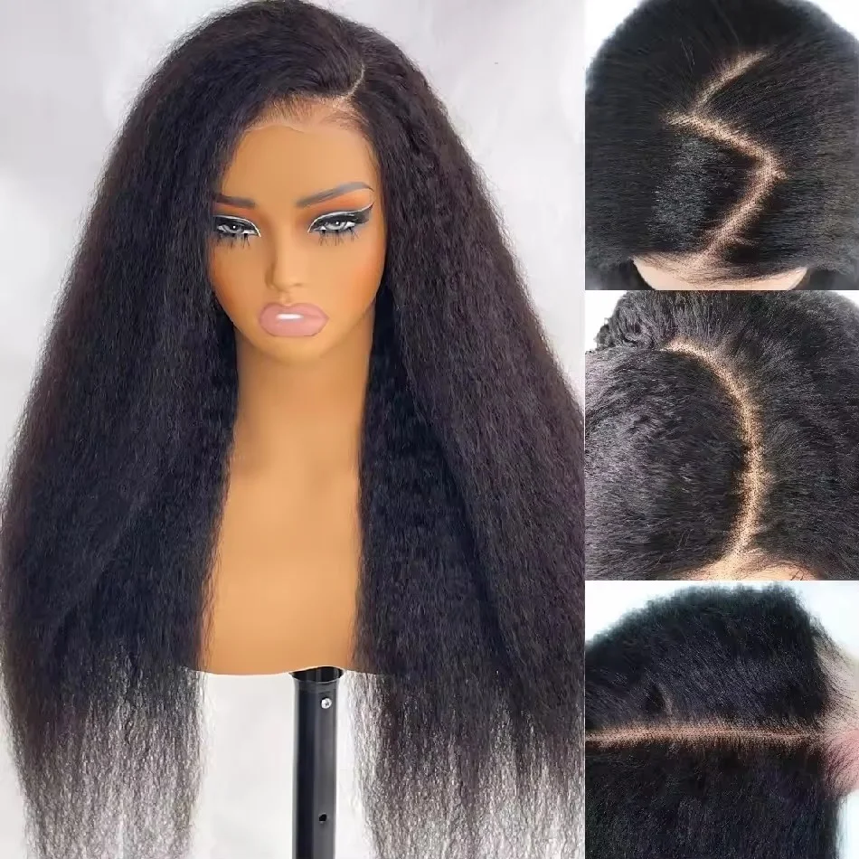 

﻿ Yaki Straight Lace Front Wig Natural Black Pre Plucked Synthetic HD Lace Front Wig For Women Glueless Heat Resistant Fiber