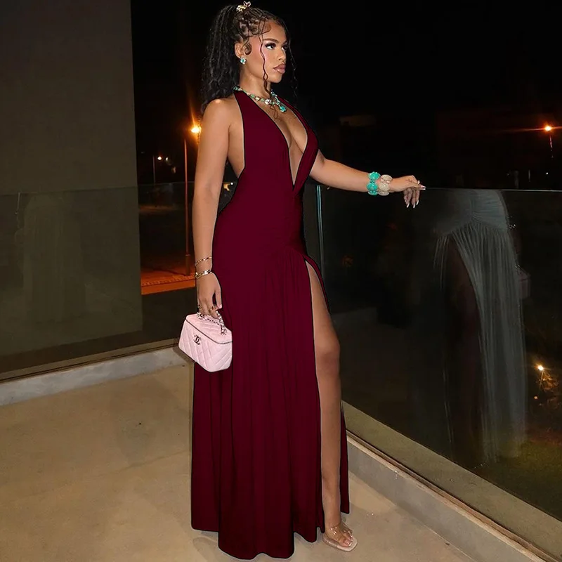 فستان OSEN للسيدات بفتحة رقبة شكل v عميقة ومكشكش ومكدس فستان ماكسي متوسط الطول 2025 للحفلات المسائية والنوادي فساتين طويلة أنيقة ومثيرة