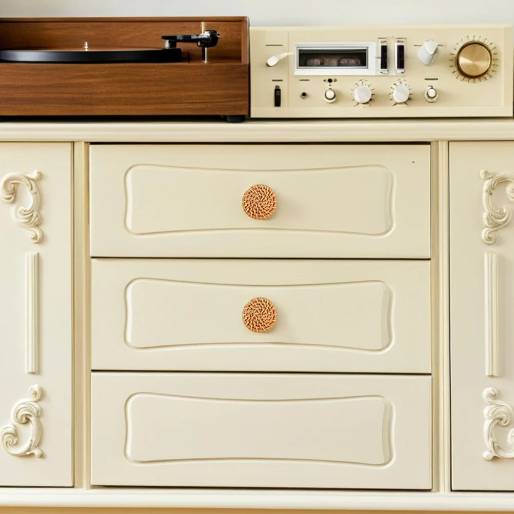 

6Pcs Woven Round Wooden Knobs Rustic Boho Dresser Drawer Pulls Decorative Rattan Cabinet Furniture Hardware Handles