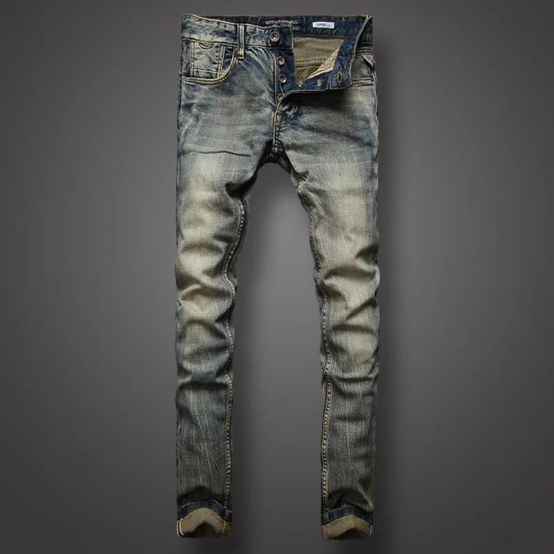 

Fashion Designer Men Jeans Retro Washed Elastic Stretch Slim Fit Ripped Jeans Men Buttons Fly Italian Style Vintage Denim Pants