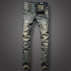 Fashion Designer Men Jeans Retro Washed Elastic Stretch Slim Fit Ripped Jeans Men Buttons Fly Italian Style Vintage Denim Pants