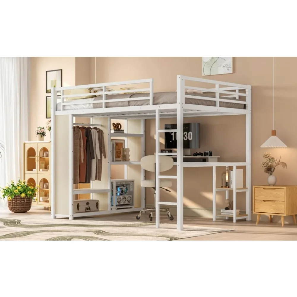Metal Loft Beds with Wardrobe and Desk, Heavy-Duty Loft Bed Frame for Kids, Teens, Adults，Queen Loft Bed with Storage Shelves