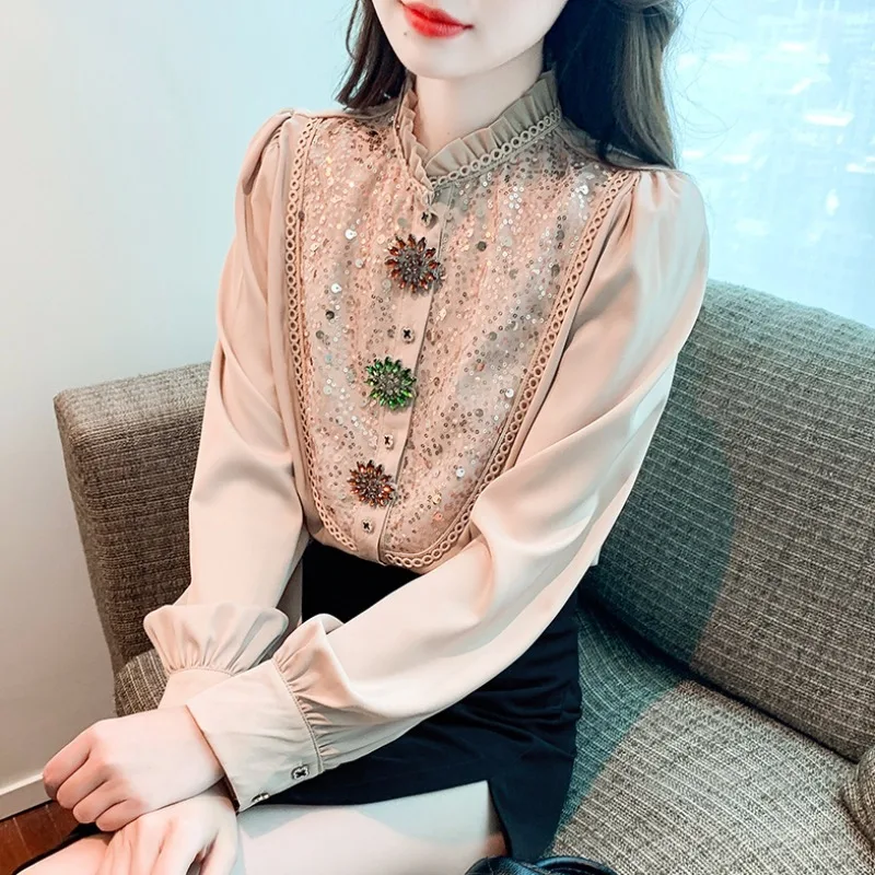 

Spring and Autumn Long-Sleeved Shirt Women's 2024 New High-End Top Design Sense Beautiful Rhinestone Buttons Sequins Blouses