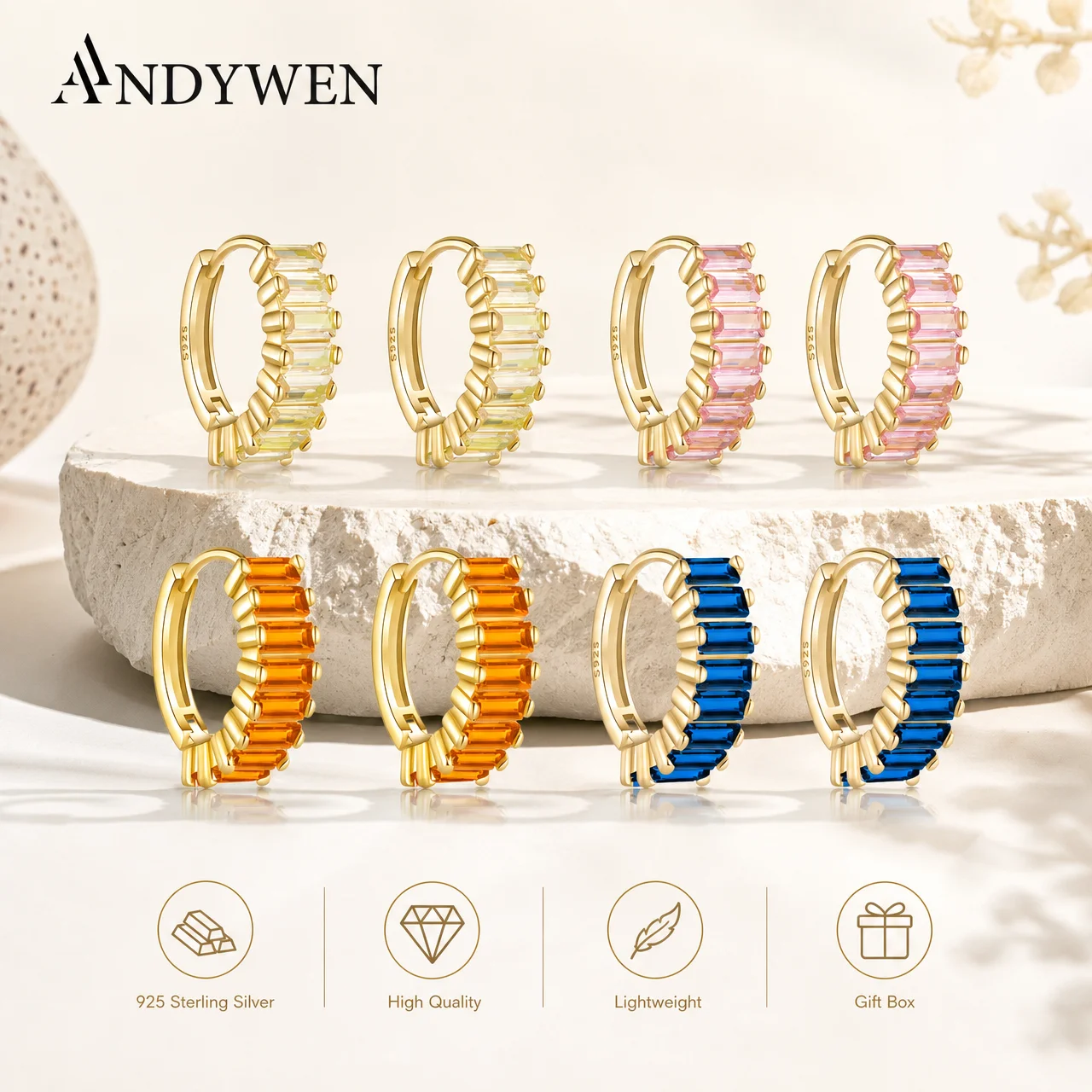 ANDYWEN 925 Sterling Silver Gold Colorful Pink Orange Zircon Hoops Huggies Piercing 2026 Fashion Luxury Jewelry For Women