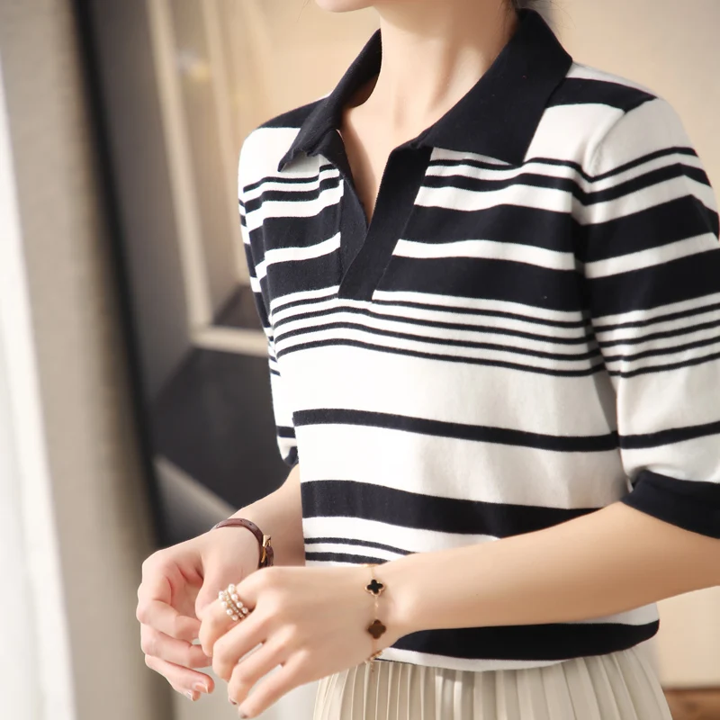 100% Pure Cotton Fashionable New POLO Collar Striped Short-Sleeve Knit Shirt Casual Versatile Loose Pullover Stylish Top