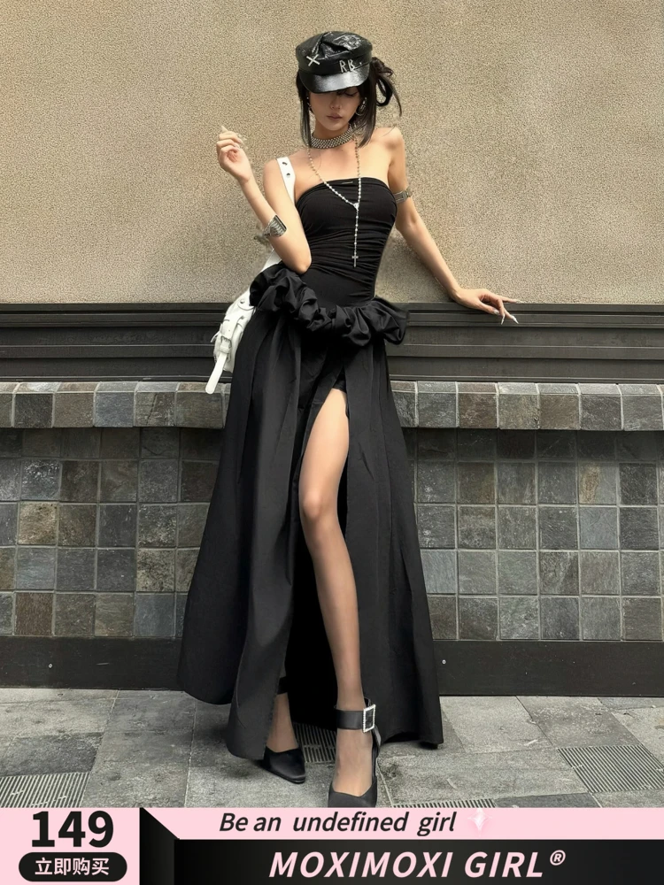 

dark gothic hot girls black tube top patch ball gown long high slit skirt party slim elegant long summer dress with arm sleeve