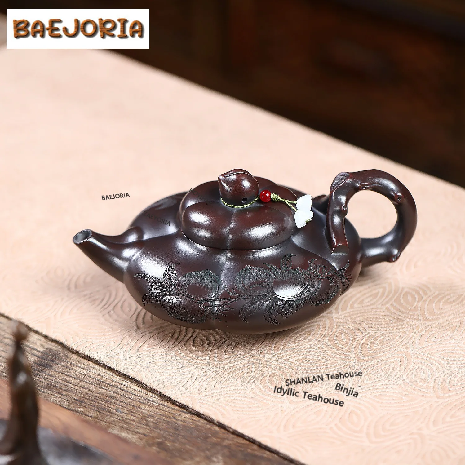 270ml Yixing Purple Clay Teapots Handmade Longevity Peaches Offer Auspicious Pot Raw Ore Antique Brass Mud Kettle Zisha Tea Set