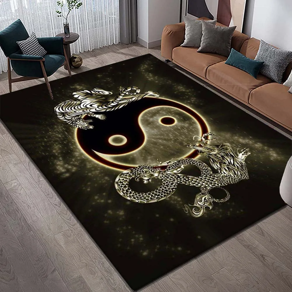 Golden Dragon And Tiger Yin Yang Symbol Printed Flannel Rug Plush Soft Carpet For Living Room Bedroom Zen Decor Spiritual Design