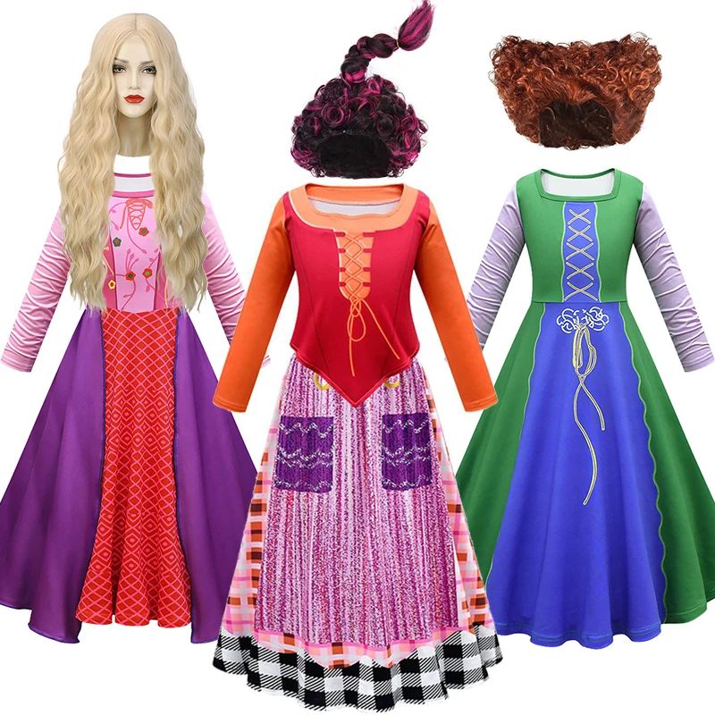

Sanderson Sisters Same Style Witch Dress for Girls 3-12Years Children Halloween Cospaly Hocus Pocus Winifred Masquerade Costume