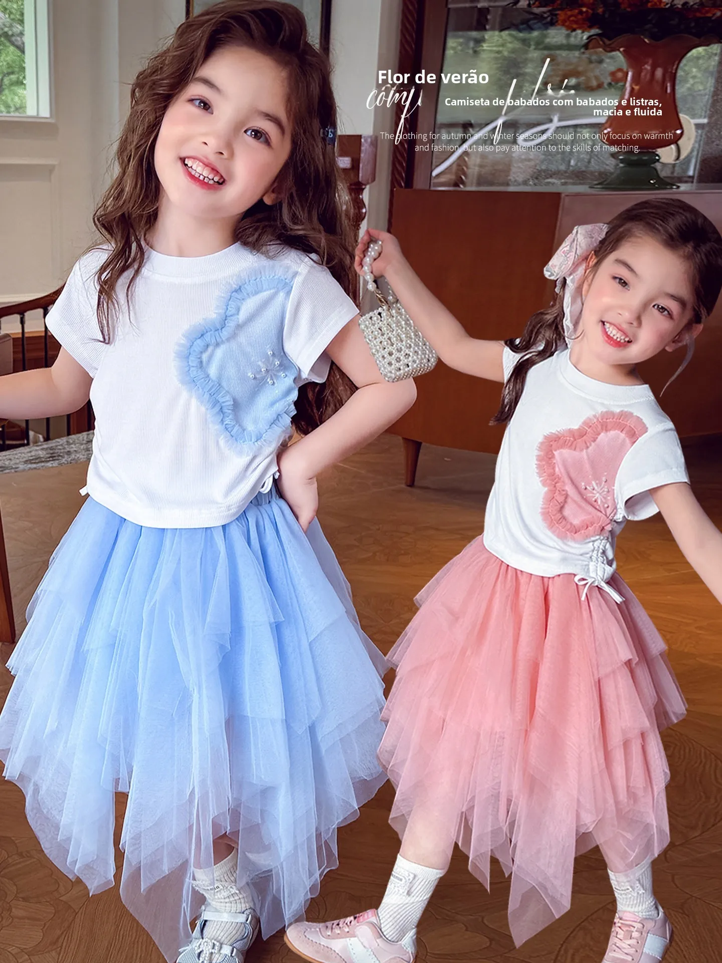 girls-summer-outfit-short-sleeve-t-shirt-mesh-skirt-two-piece-set-sweet-style-children's-clothing-knot-design-stand