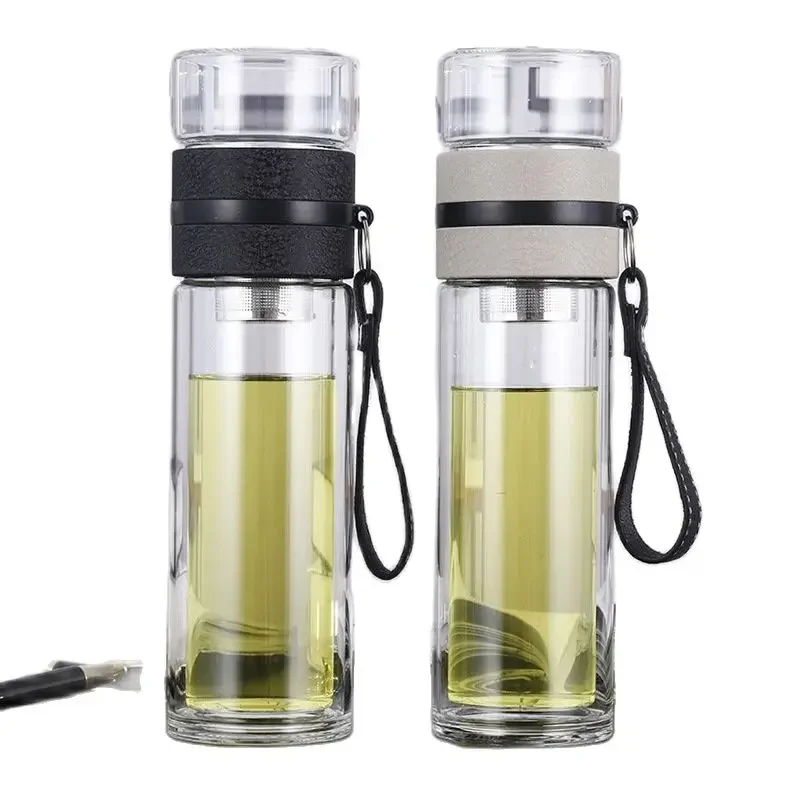 Portable Outdoor Glass Water Bottles with Infuser, Double Wall Bottle for Dink Tea, 500ml