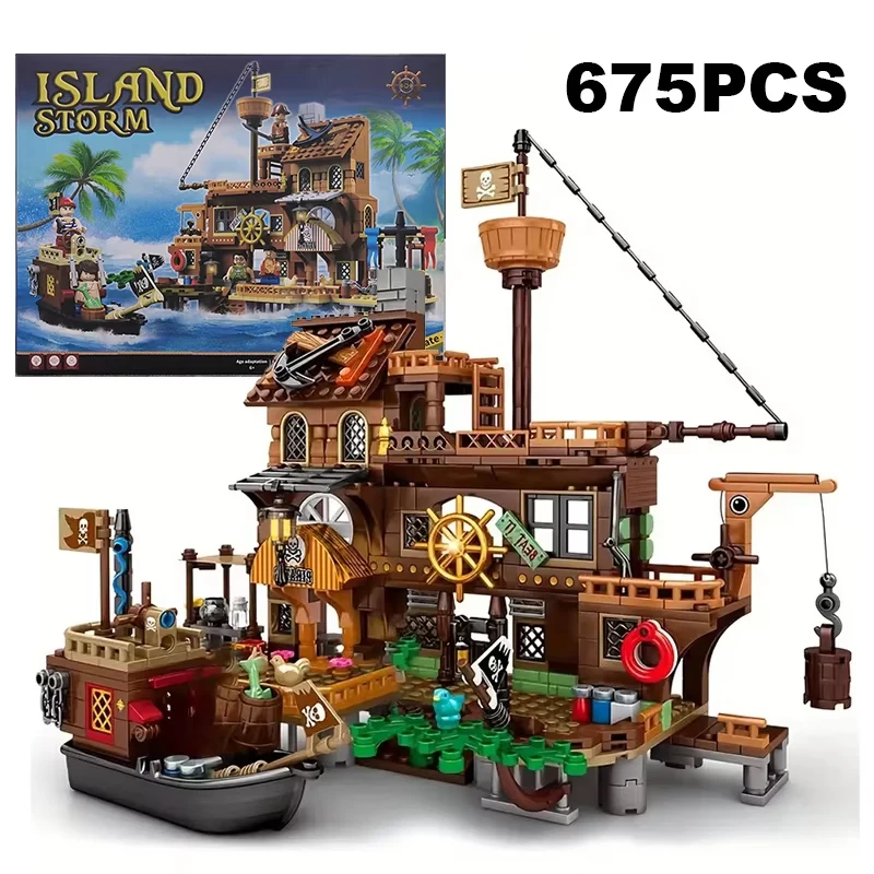 Creatieve Middeleeuwse Piraten Eiland Fort Kasteel Bouwstenen Avontuurlijk Schip Blokhut Model Boot Monteer Bakstenen Speelgoed Jongen Cadeau