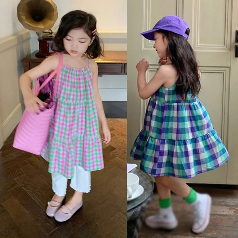 Baby Girl Summer Clothing Kids Girls Fashion Sleeveless Plaid Print Suspender Dress Holiday Style Beach Dress for Children 3-8Y