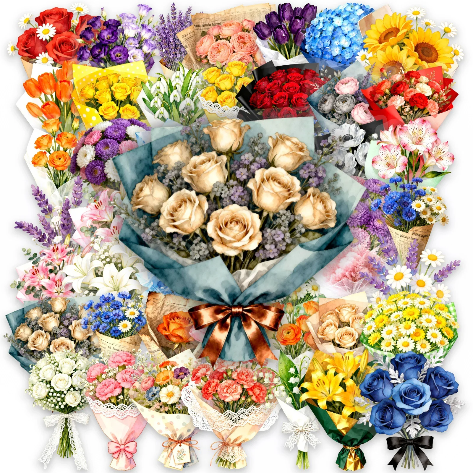 50 Pcs Watercolor Floral Bouquet PET Stickers Clear Waterproof Student Stationery Scrapbook Diary Phone Album Skate Vase Decals