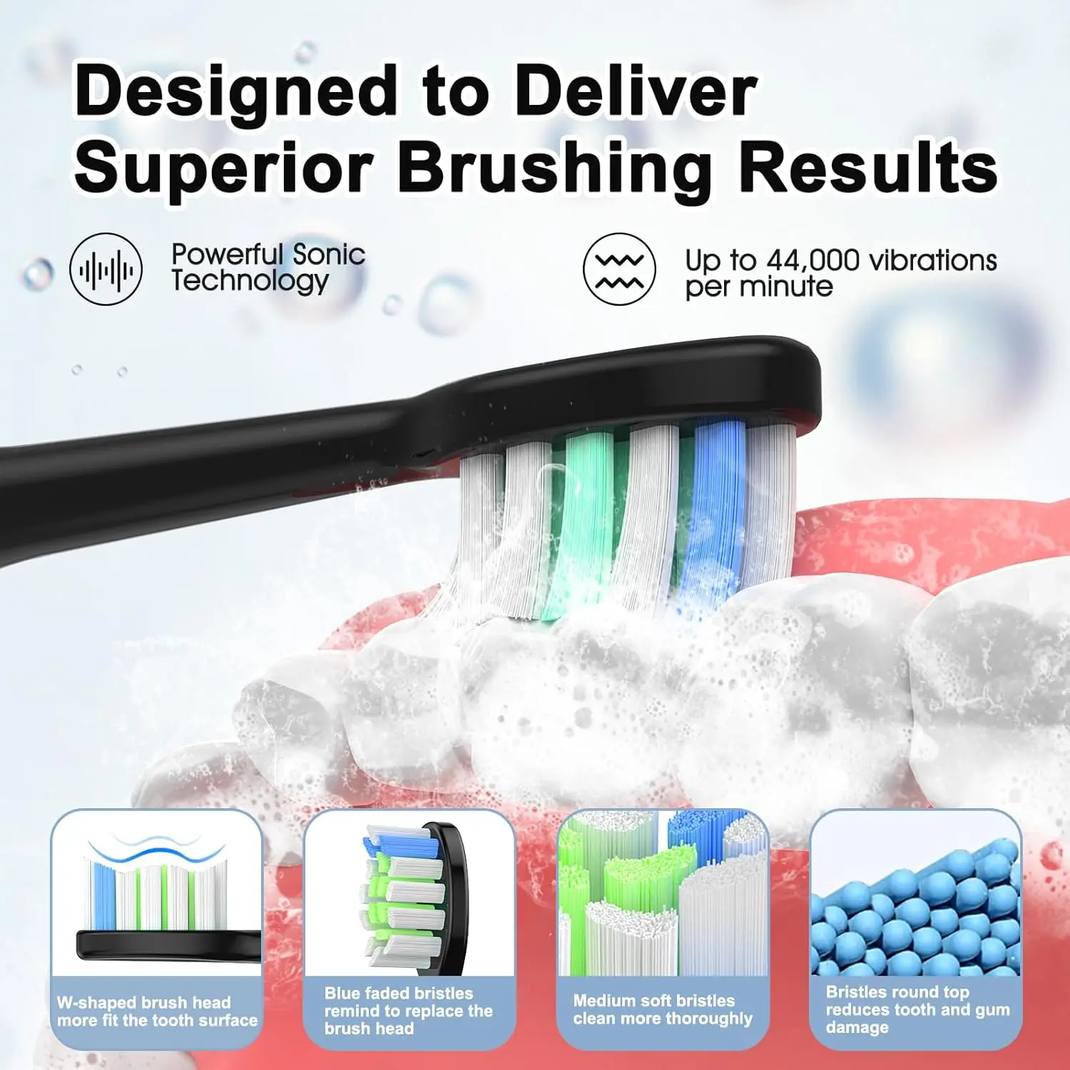 YUNCHI Sonic Adult's Electric Toothbrush 44000 VPM Motor 5 Modes Timer Rechargeable Toothbrush with 8 Brush Heads + Travel Case