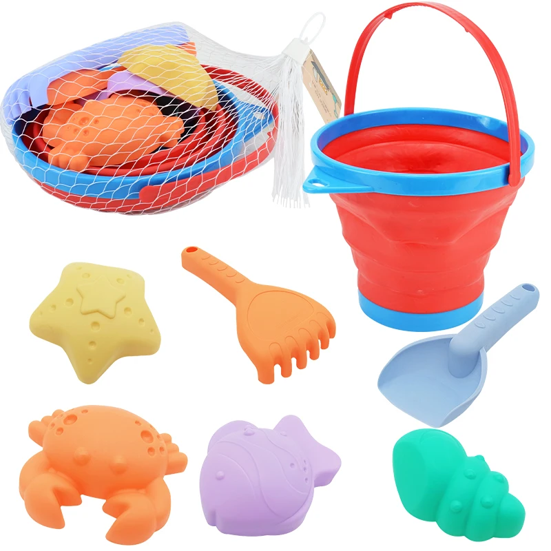 Collapsible Foldable Beach Sand Buckets and Shovels Set - Beach Toys for Kids & Sand Molds, Silicone Beach Sand Pails for Travel