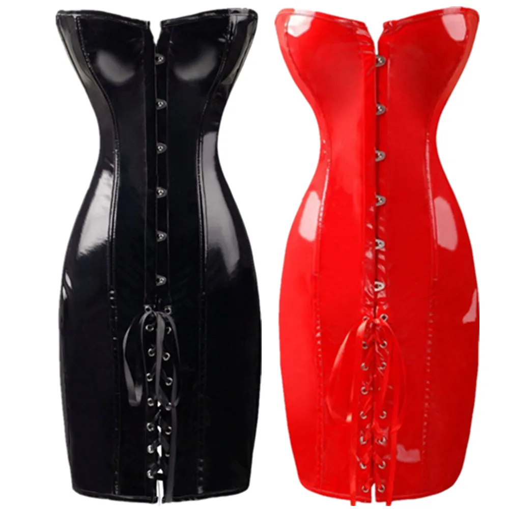 Punk Women Slim Shiny PVC Leather Corset Dress Overbust Long Torso Bustier Plus Size Sexy Strapless Party Club Bodycon Dress