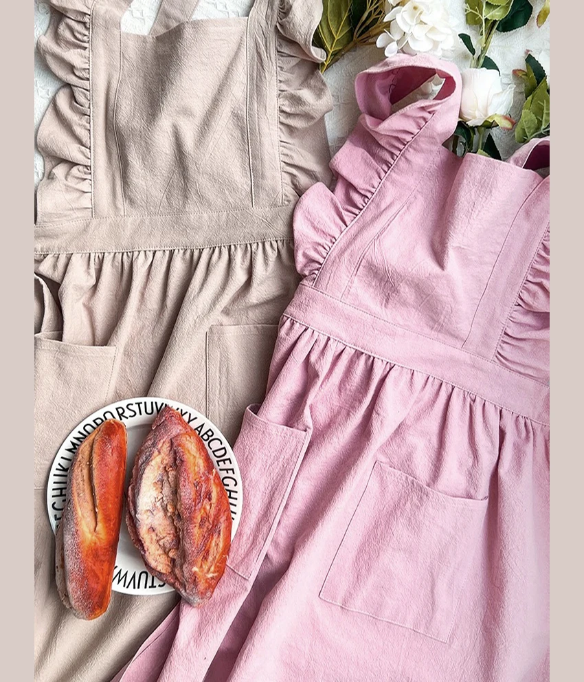 

Women Girls Cross Back Apron Gardening Works Washable 100% Cotton Aprons Soft Pinafore Dress Ruffled with Pockets Cooking Baking