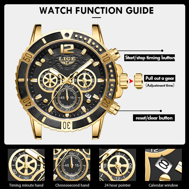 LIGE Top Brand Luxury Fashion All Gold Mens Watches Stainless Steel Quartz Watch For Men Waterproof Sport Clock Male Chronograph