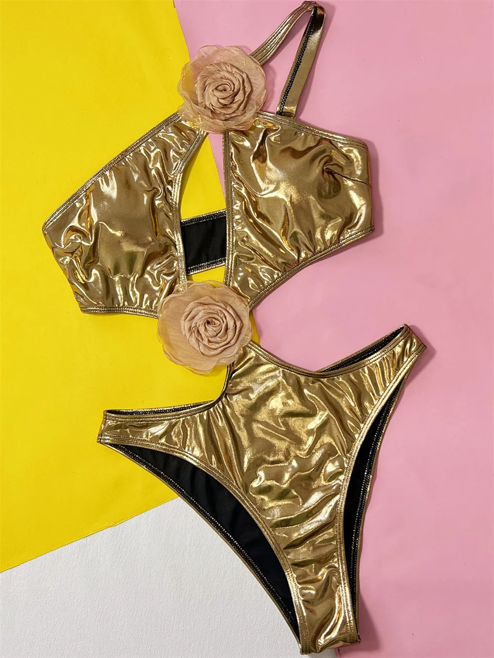 

Metallic Shiny Gold Bikini Hollow Out 3D Flower Swimsuit Bright Bronzing Monokini Bathing Suit Women Beach Outfit Micro Swimwear