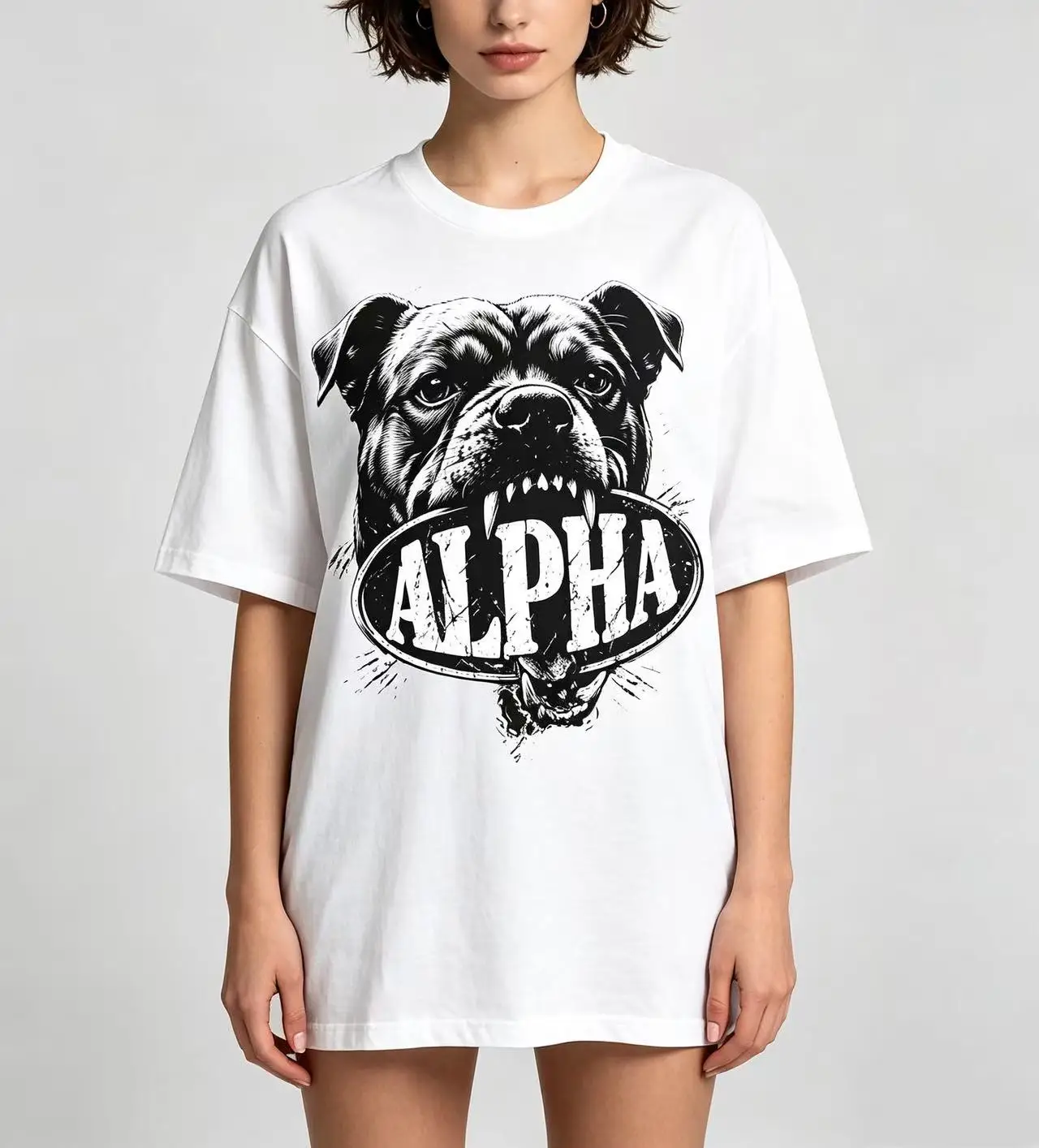 Unisex Bulldog ALPHA Retro Black White Graphic T‑Shirt Men Women Vintage Street Oversized Cotton Tee