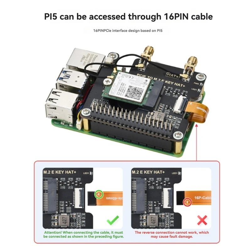Placa adaptadora para raspberry pi 5 pcie para m.2 eqkey com cabo 16p conector de antena sma para cartões sem fio ngff