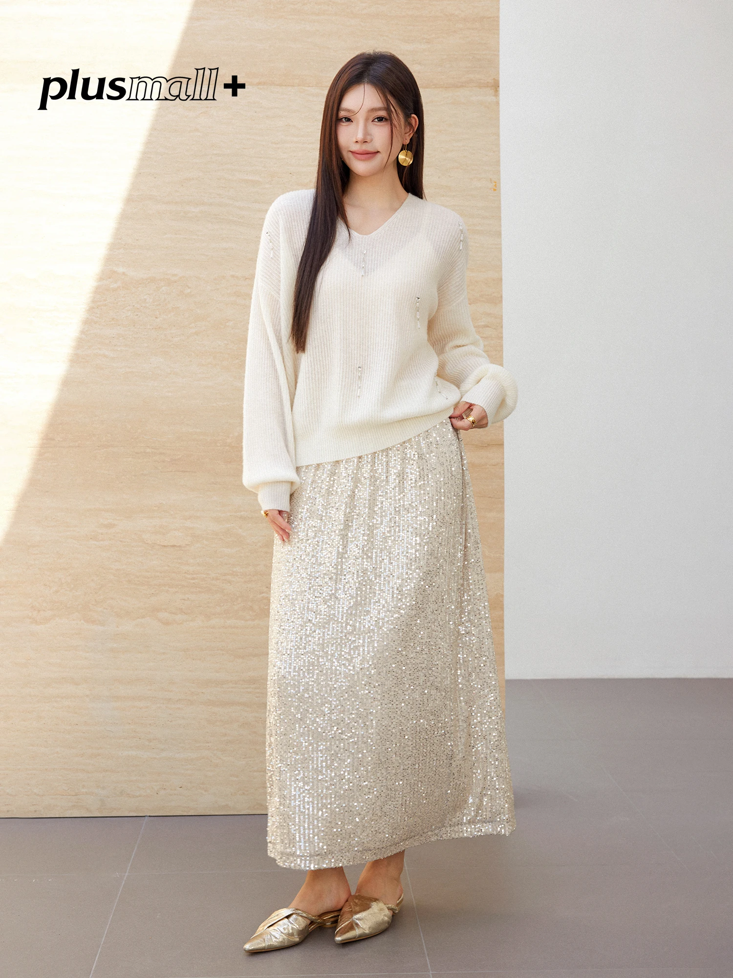 

Plusmall iny Evening Dinner Knitwear Wool Blend Heavy Embelliment Sequins Skirt Set for Pear Body pes