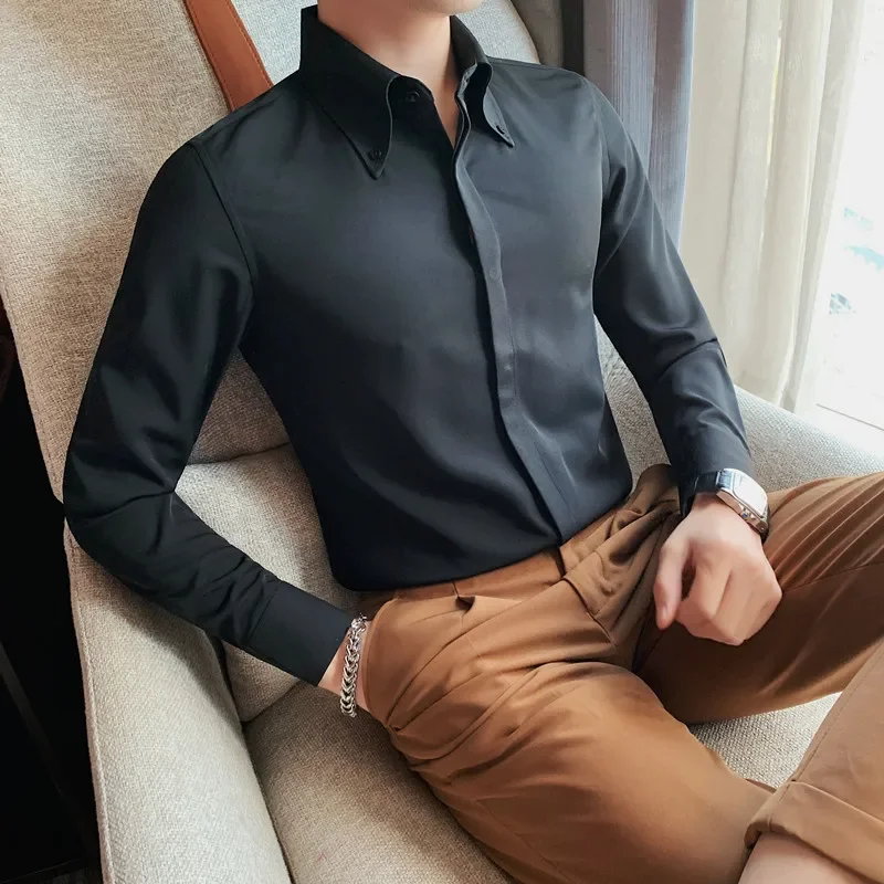 

2023 Autumn Solid Concealed Placket Shirts Men Long Sleeve Slim Fit Social Shirt Male High Quality Business Casual Prom Tuxedo