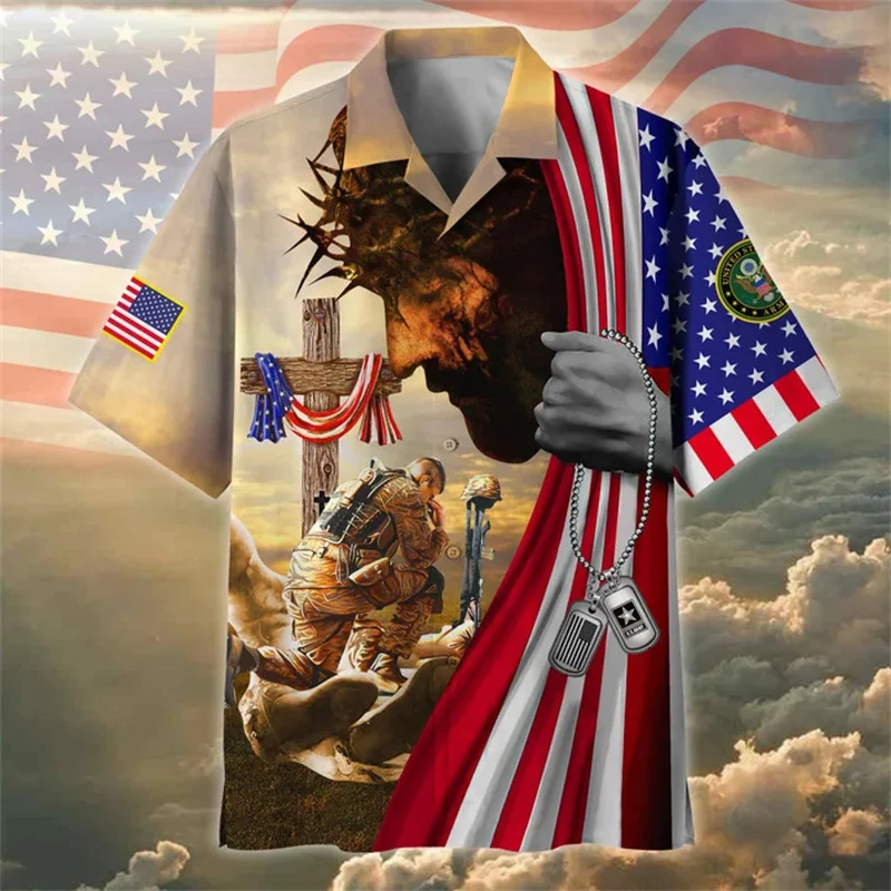 Summer New 3D UNITED STATES Soldiers Armys Veterans Jesus Print Shirts Kid Fashion Short Shirts For Men Vintage Hawaiian Clothes