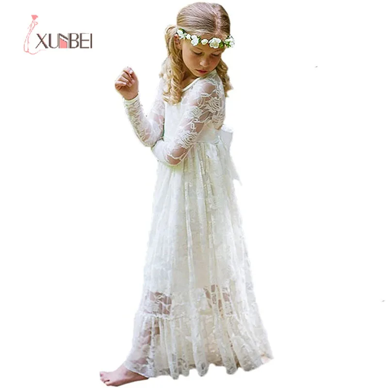 

Xunbei Vintage Lace Bohemia Flower Girl Dress Boho Country Girl Dress Long SleeveGowns First Communion Junior Bridesmaids