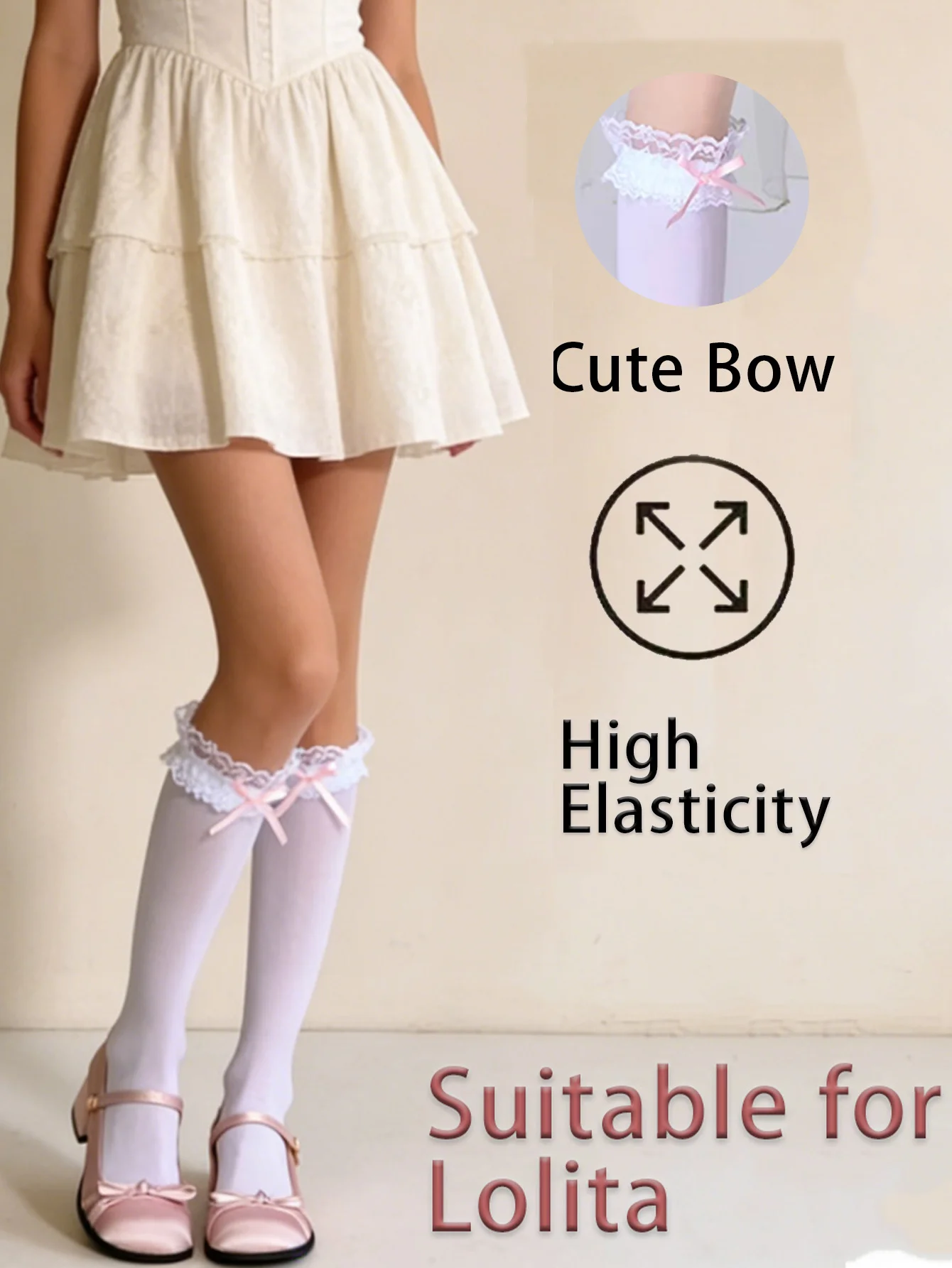 1 Pair Women's Solid Color Calf-Length Socks  Sweet Lace Trim Cute Bow Cut-Out Socks, Snag-Resistant Durable Delicate Hosiery fo