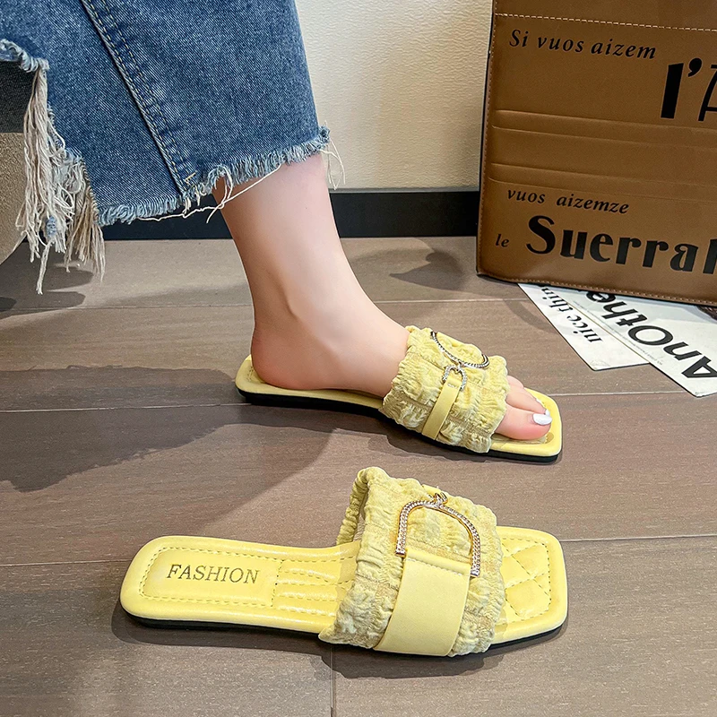 2024 Summer Women Slippers Leather Square Toe Women Flats Flip Flops Designer Ladies Slides Sandals Women Shoes Luxury Sandals