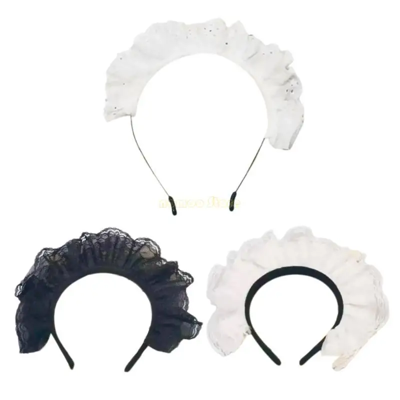 

31BF Sweet Women Anime Gatherings Hairband Pleated Lace Headbands Japanese Cosplay Maid Hair Hoop for Performances