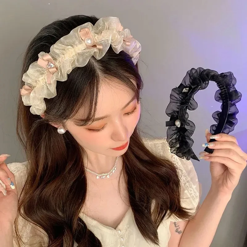 French Princess Hair Band Women Lace Rhinestone Pearl Headband Fairy Temperament Hoop Hairband Girls Hair Accessorie