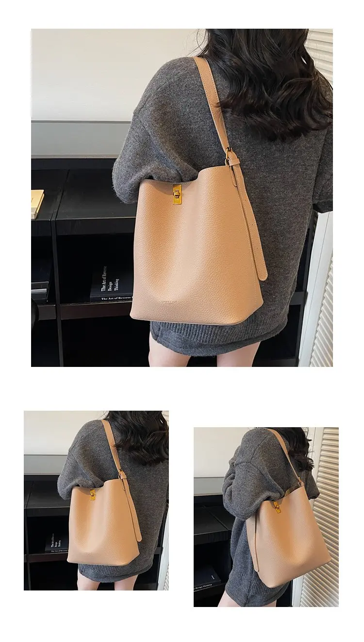 Minimalistische Kamelbraune Kunstleder-Bucket-Bag, genarbte Textur mit Schlossakzent, vielseitige Alltagstasche für Arbeit & Ausflüge – Detail 3
