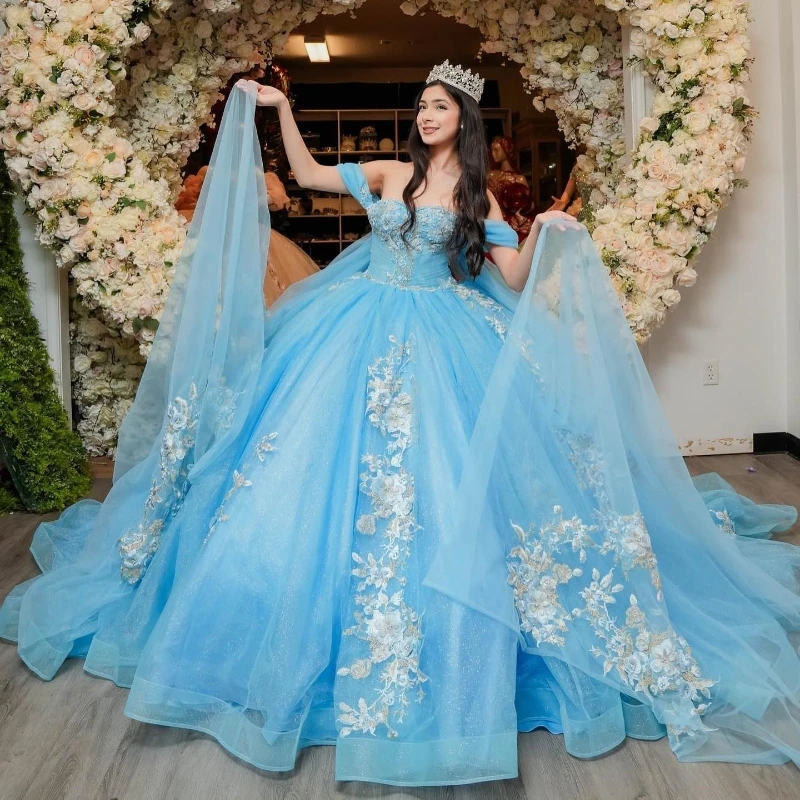 

Lorencia Blue Shiny Off Shoulder Ball Gown Quinceanera Dress 3D Flowers Appliques Lace Beads Corset Vestido De 15 Años YQD415