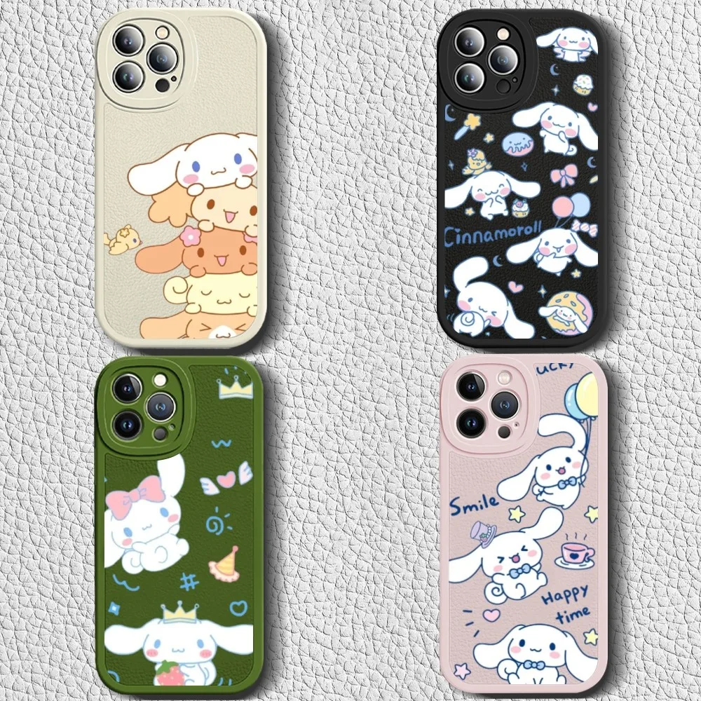 Cute C-Cinnamoroll K-Kawaii Phone Case Leather Liquid Silicone Phone Case For IPhone 16 15 14 13 12 Pro Max Apple Cases