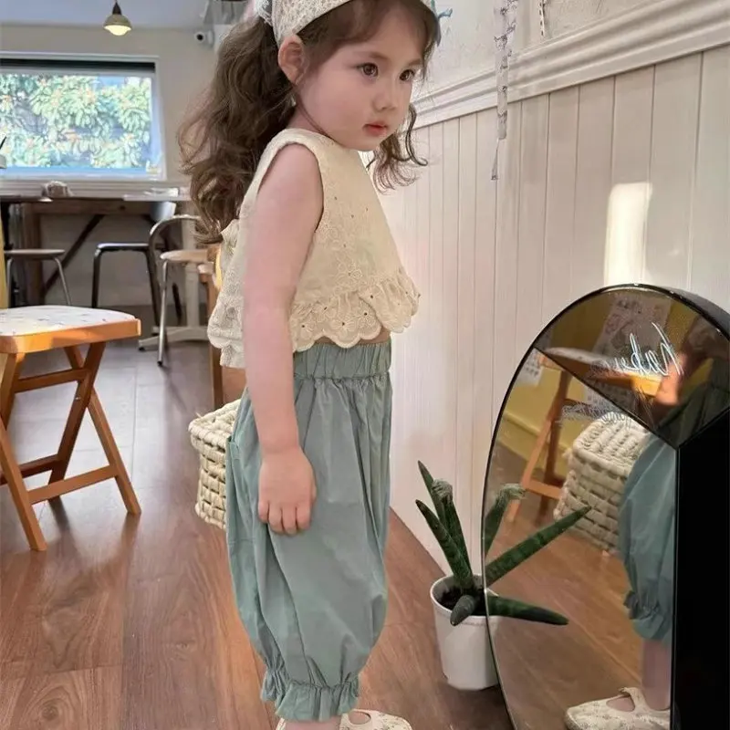 Girls' Outfit Short Front Long Back Crop Top with Lace Trim and Capri Pants2025Summer New Foreign Trade Children's Wear Delivery