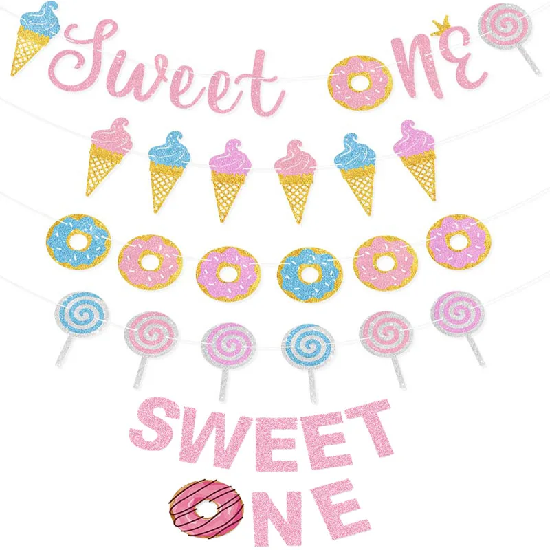 Glitter Sweet Doughnut Theme Banners Candy Bar SWEET ONE Ice Cream Garland for Baby Shower 1st Girl Birthday Party Decoration